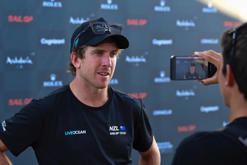 Peter Burling of New Zealand SailGP Team speaks to the media in the Technical Area after Race Day 1 at Spain SailGP photo copyright Ricardo Pinto/SailGP taken at  and featuring the F50 class