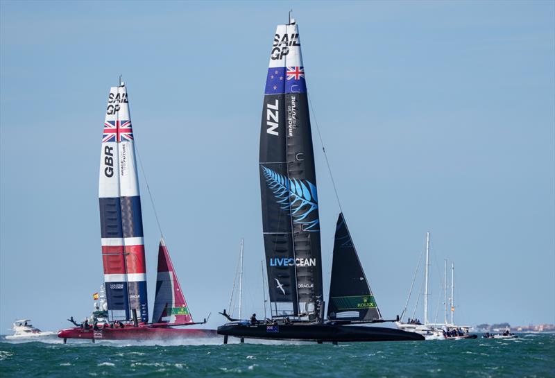 New Zealand SailGP Team co-helmed by Peter Burling and Blair Tuke in action with Great Britain Sail GP teamon Race Day 2 at Spain SailGP - 10 October - photo © Thomas Lovelock/SailGP