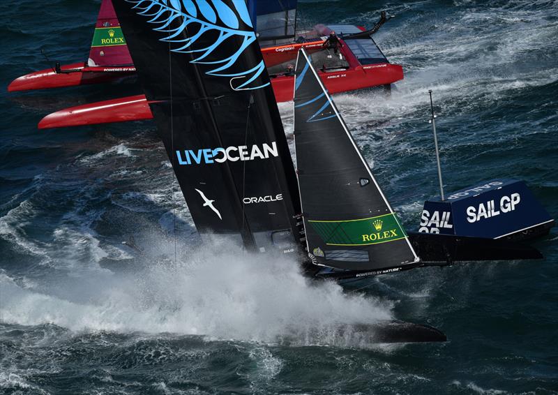 New Zealand SailGP Team co-helmed by Peter Burling and Blair Tuke in action on Race Day 2 at Spain SailGP -10th October  photo copyright Ricardo Pinto/SailGP taken at  and featuring the F50 class