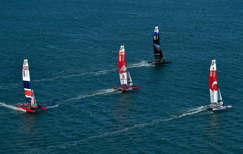 Japan SailGP Team, New Zealand SailGP Team, Denmark SailGP Team  and Great Britain SailGP Team in action on Race Day 2 at Spain SailGP, Event 6, Season 2 in Cadiz, Andalucia, Spain. 10th October  photo copyright Ricardo Pinto/SailGP taken at  and featuring the F50 class