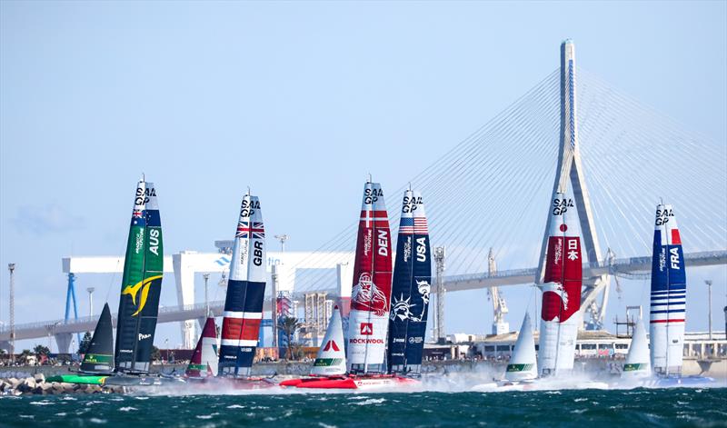The fleet at pace - Day 2 Spanish Sail Grand Prix, Cadiz, October 10, 2021 photo copyright Red Bull Content Pool taken at  and featuring the F50 class