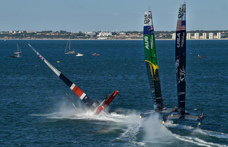 Great Britain SailGP Team helmed by Ben Ainslie capsize during the final race on Race Day 2 at Spain SailGP Cadiz photo copyright Ricardo Pinto/SailGP taken at  and featuring the F50 class