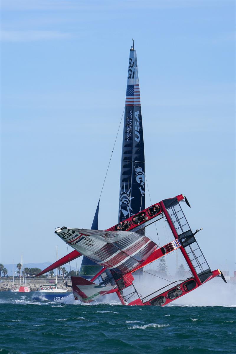 Great Britain SailGP Team helmed by Ben Ainslie capsize during the final race on Race Day 2 at Spain SailGP Cadiz photo copyright Bob Martin/SailGP taken at  and featuring the F50 class