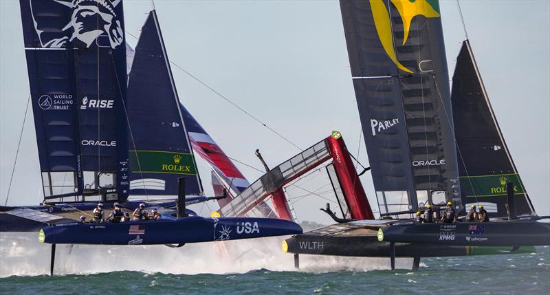 Great Britain SailGP Team helmed by Ben Ainslie capsize during the final race on Race Day 2 at Spain SailGP Cadiz photo copyright Thomas Lovelock/SailGP taken at  and featuring the F50 class