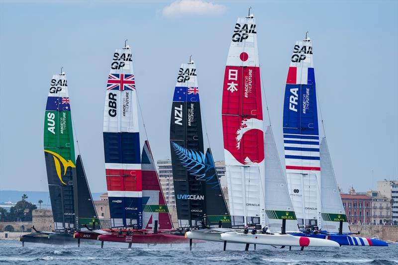 Australia SailGP Team, Great Britain SailGP Team, New Zealand SailGP Team, Japan SailGP Team and France SailGP Team competing on Race Day 1 at Italy SailGP, Event 2, Season 2 in Taranto, Italy.  - photo © Bob Martin/SailGP