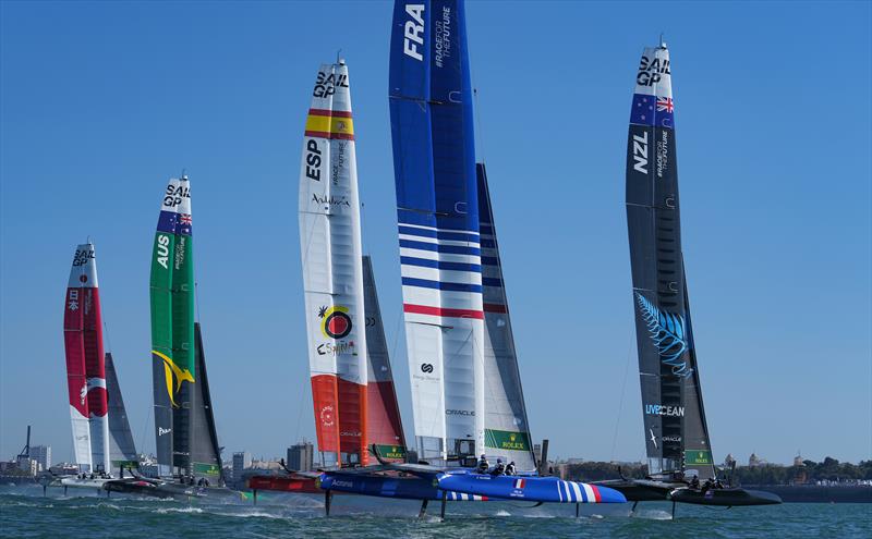 The fleet in action on Race Day 1 at Spain SailGP, Event 6, Season 2 in Cadiz, Andalucia, Spain.  photo copyright Bob Martin/SailGP taken at Christchurch Sailing Club and featuring the F50 class
