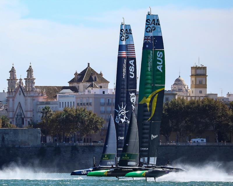 Close sailing between Australia SailGP Team helmed by Tom Slingsby and USA SailGP Team during a practice session ahead of Spain SailGP, Event 6, Season 2 in Cadiz, Andalucia, Spain photo copyright Felix Diemer for SailGP taken at  and featuring the F50 class