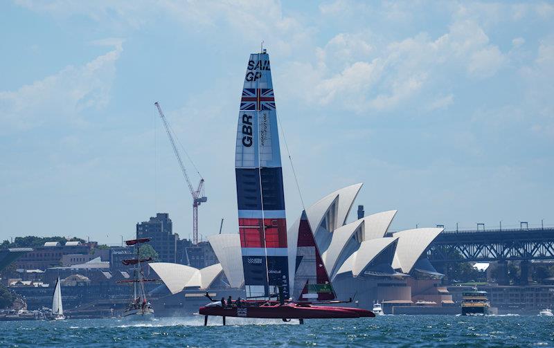 Great Britain SailGP Team helmed by Ben Ainslie sail past the Sydney Opera House during a practice session ahead of Australia Sail Grand Prix presented by KPMG photo copyright Bob Martin for SailGP taken at  and featuring the F50 class