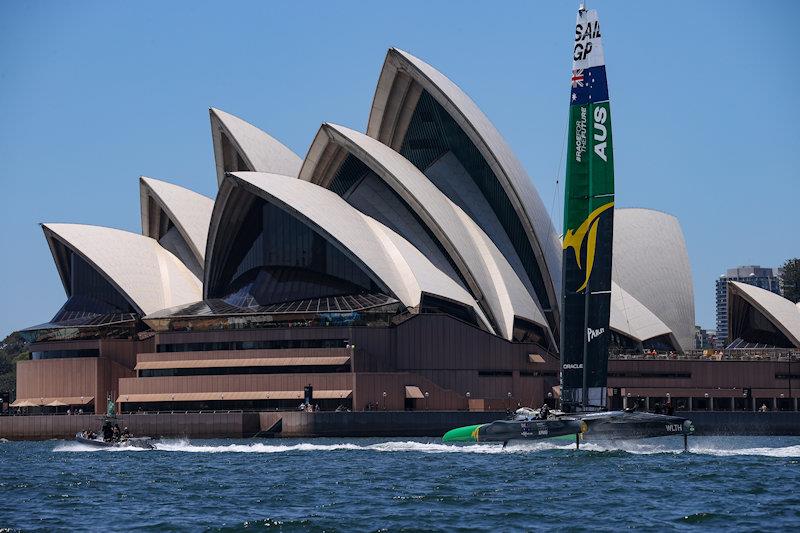 Australia SailGP Team helmed by Tom Slingsby sail past Sydney Opera House during a practice session ahead of Australia Sail Grand Prix presented by KPMG photo copyright David Gray for SailGP taken at  and featuring the F50 class