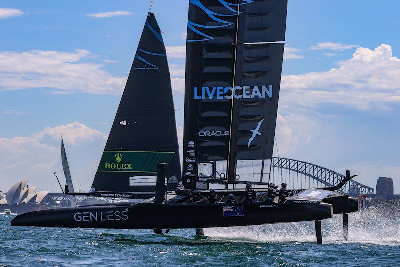 New Zealand SailGP Team co-helmed by Peter Burling and Blair Tuke in action during a practice session ahead of Australia Sail Grand Prix presented by KPMG photo copyright David Gray for SailGP taken at  and featuring the F50 class