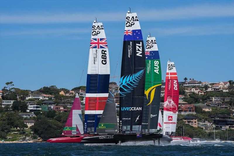 Great Britain, New Zealand,  Australia and Denmark SailGP Teams in action during a practice session ahead of Australia Sail Grand Prix presented by KPMG. 15 December  photo copyright Bob Martin/SailGP taken at Woollahra Sailing Club and featuring the F50 class