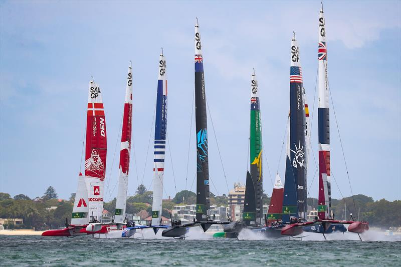 SailGP fleet at the start of a practice fleet race ahead of Australia Sail Grand Prix presented by KPMG. 16 December  photo copyright Brett Costello/SailGP taken at Woollahra Sailing Club and featuring the F50 class