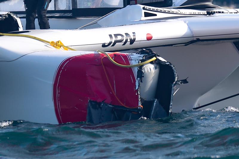 The bow on the Japan SailGP Team F50 catamaran is lost after a collision with Great Britain SailGP Team photo copyright Brett Costello/SailGP taken at Woollahra Sailing Club and featuring the F50 class