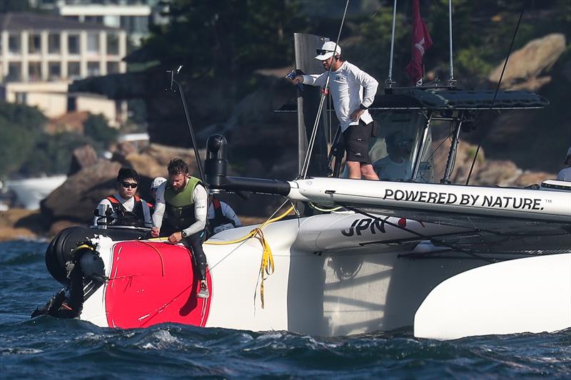 The bow on the Japan SailGP Team F50 catamaran is lost after a collision with Great Britain SailGP Team  photo copyright Brett Costello/SailGP taken at Woollahra Sailing Club and featuring the F50 class