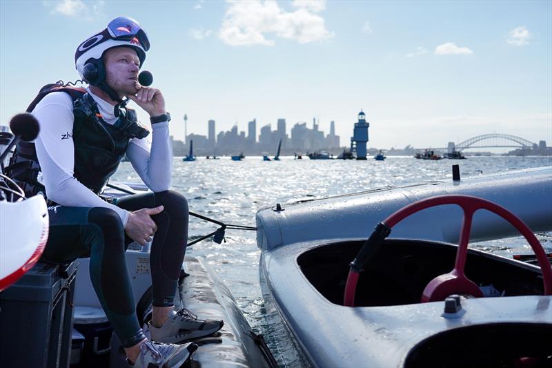 Nathan Outteridge, CEO & driver of Japan SailGP Team looks on as his F50 catamaran receives support after a collision with Great Britain SailGP Team on Race Day 1 photo copyright Beau Outteridge/SailGP taken at Woollahra Sailing Club and featuring the F50 class