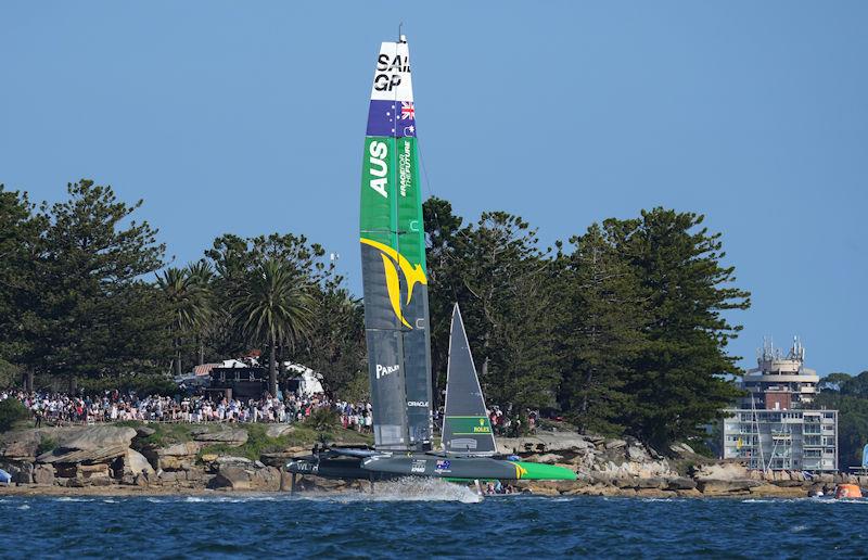 Australia SailGP Team helmed by Tom Slingsby race past Shark Island on Race Day 1, Australia Sail Grand Prix presented by KPMG - photo © Bob Martin for SailGP