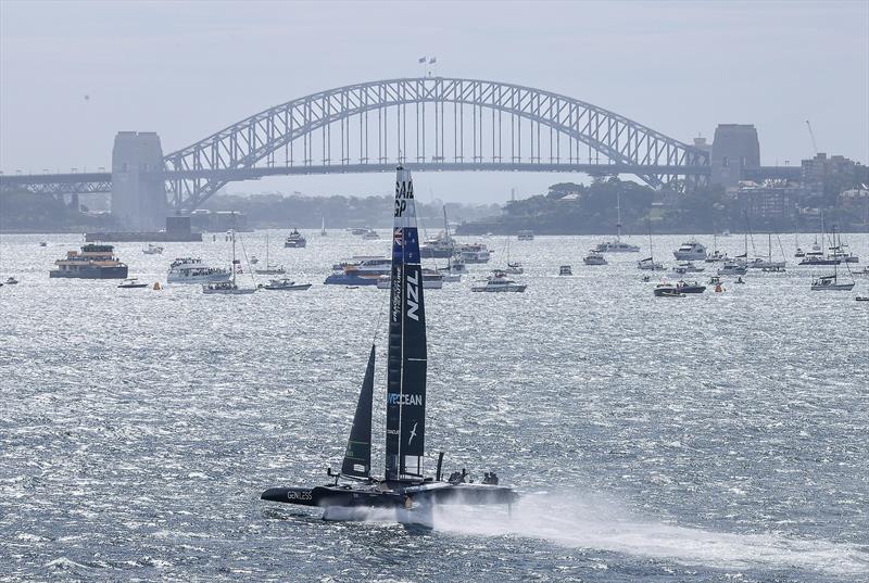 New Zealand SailGP Team co-helmed by Peter Burling and Blair Tuke sails in front of Sydney Harbour Bridge on Race Day 2. Australia Sail Grand Prix photo copyright David Gray/SailGP taken at Woollahra Sailing Club and featuring the F50 class