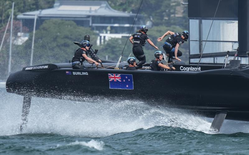 New Zealand SailGP Team co-helmed by Peter Burling and Blair Tuke in action during a practice session on Race Day 2. Australia Sail Grand Prix  - photo © Bob Martin/SailGP