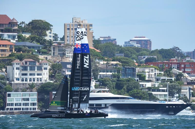 New Zealand SailGP Team co-helmed by Peter Burling and Blair Tuke in action during a practice session on Race Day 2. Australia Sail Grand Prix photo copyright Bob Martin/SailGP taken at Woollahra Sailing Club and featuring the F50 class