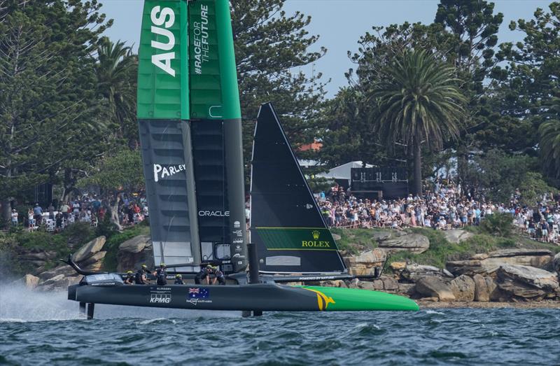 Australia SailGP Team helmed by Tom Slingsby sail past Shark Island during on Race Day 2. Australia Sail Grand Prix photo copyright Bob Martin/SailGP taken at Woollahra Sailing Club and featuring the F50 class