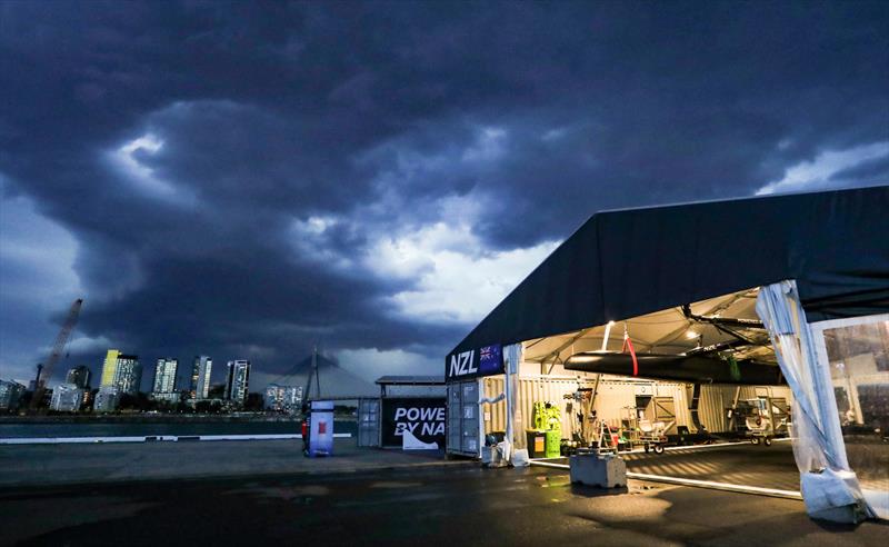 View of the New Zealand SailGP Team tent at the Sydney Technical Area as a storm approaches. Australia Sail Grand Prix photo copyright Brett Costello/SailGP taken at Woollahra Sailing Club and featuring the F50 class