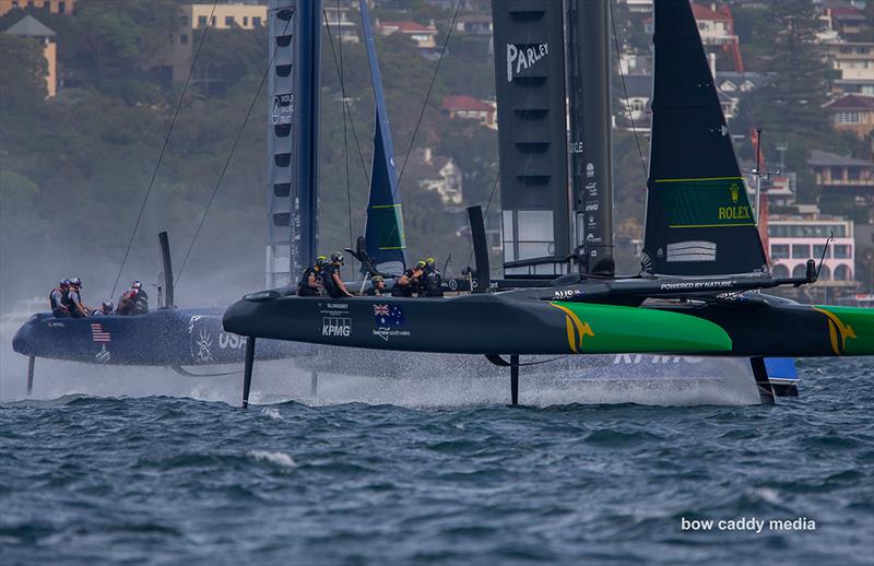 Australia SailGP bears away at the first mark to lead the Team USA in the final race photo copyright Bow Caddy Media taken at  and featuring the F50 class