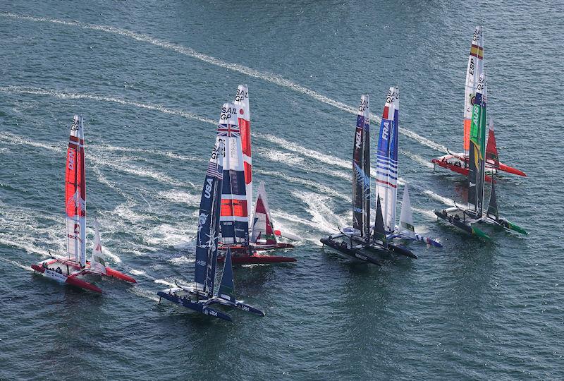 The aftermath as Great Britain SailGP Team helmed by Ben Ainslie collides with Japan SailGP Team helmed by Nathan Outterridge moments before the start of Race 3 during the Australia Sail Grand Prix presented by KPMG photo copyright David Gray for SailGP taken at  and featuring the F50 class