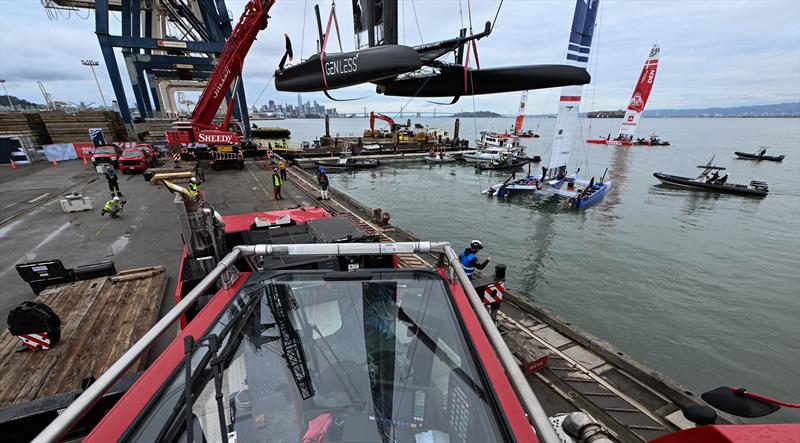 The New Zealand SailGP Team F50 catamaran is craned onto the water in the technical area prior to a practice session ahead of the San Francisco SailGP, Season 2 in San Francisco, USA photo copyright Ricardo Pinto/SailGP taken at Royal New Zealand Yacht Squadron and featuring the F50 class