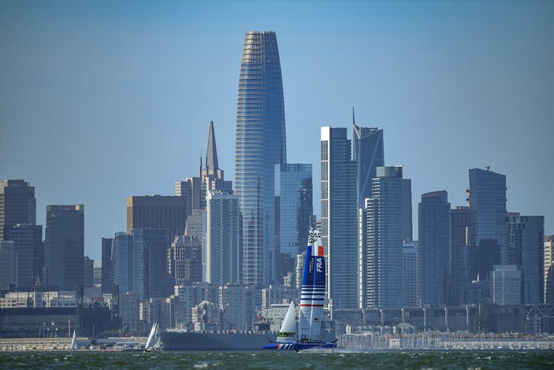 Great Britain SailGP Team helmed by Ben Ainslie sail onboard the France SailGP Team F50 catamaran during a practice session ahead of San Francisco SailGP, Season 2 in San Francisco, USA photo copyright Ricardo Pinto for SailGP taken at  and featuring the F50 class
