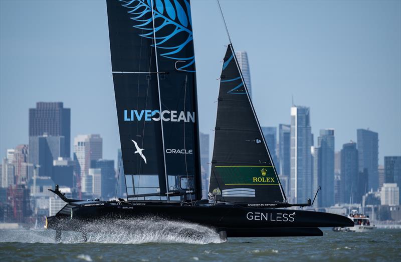 New Zealand SailGP Team co-helmed by Peter Burling and Blair Tuke sail past the San Francisco skyline during a practice session ahead of San Francisco SailGP, Season 2 in San Francisco, USA photo copyright Ricardo Pinto for SailGP taken at  and featuring the F50 class