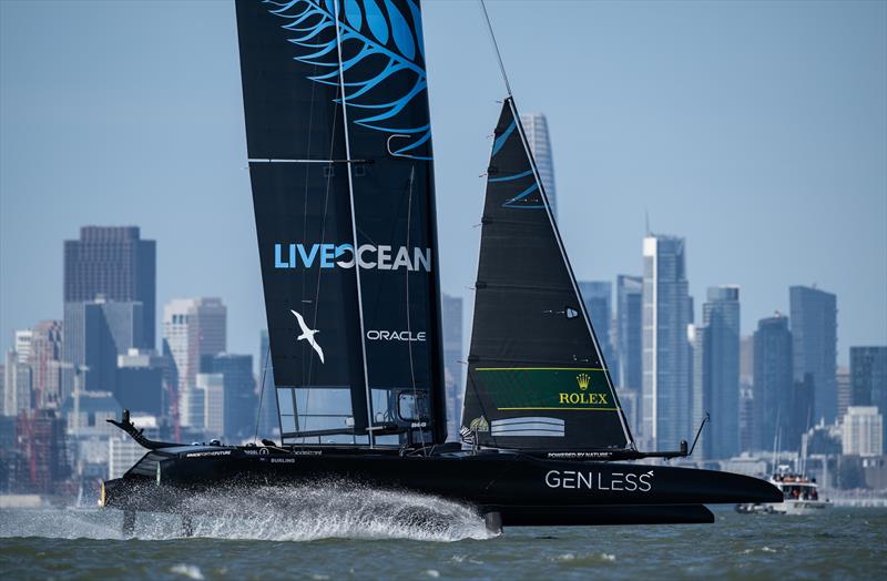 New Zealand SailGP Team co-helmed by Peter Burling and Blair Tuke sail past the San Francisco skyline during a practice session ahead of San Francisco SailGP, Season 2 in San Francisco, USA - photo © Ricardo Pinto for SailGP