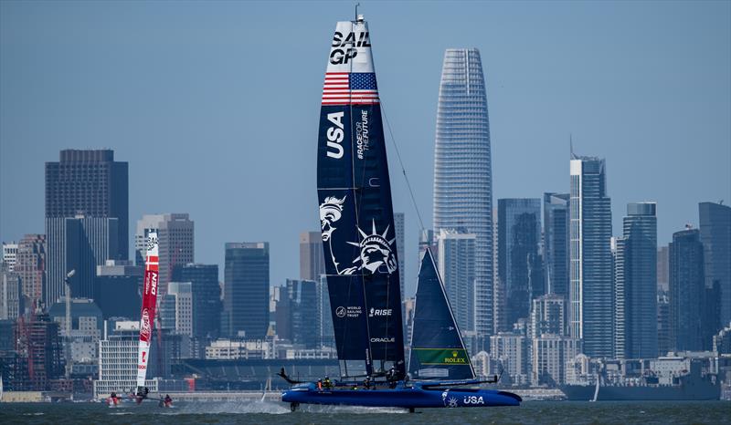 USA SailGP Team helmed by Jimmy Spithill sail past the San Francisco skyline during a practice session ahead of San Francisco SailGP, Season 2 in San Francisco, USA photo copyright Ricardo Pinto for SailGP taken at  and featuring the F50 class