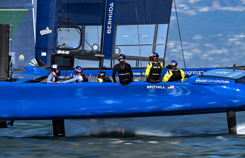 USA SailGP Team helmed by Jimmy Spithill are joined by a VIP guest acting as a sixth sailor during a practice session ahead of San Francisco SailGP, Season 2 in San Francisco, USA photo copyright Ricardo Pinto for SailGP taken at  and featuring the F50 class