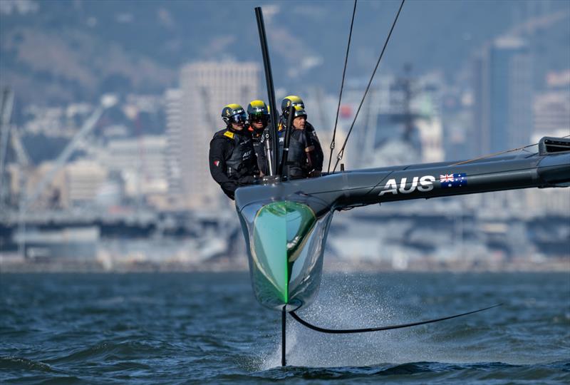 Australia SailGP Team helmed by Tom Slingsby in action during a practice session ahead of San Francisco SailGP, Season 2 in San Francisco, USA photo copyright Ricardo Pinto for SailGP taken at  and featuring the F50 class