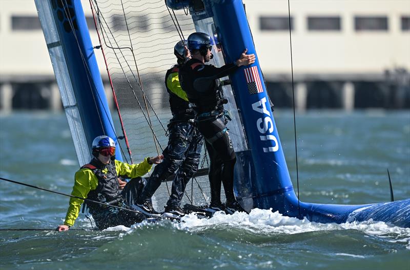 USA SailGP Team helmed by Jimmy Spithill capsize as they sail past Alcatraz Island during a practice session ahead of San Francisco SailGP, Season 2 - 21st March photo copyright Ricardo Pinto for SailGP taken at San Francisco Yacht Club and featuring the F50 class