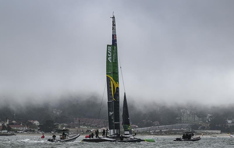 View of the missing tip of wing of the Australia SailGP Team F50 catamaran following their capsize during a practice session ahead of the San Francisco SailGP, Season 2 in San Francisco, USA. 24th March photo copyright Ricardo Pinto for SailGP taken at San Francisco Yacht Club and featuring the F50 class