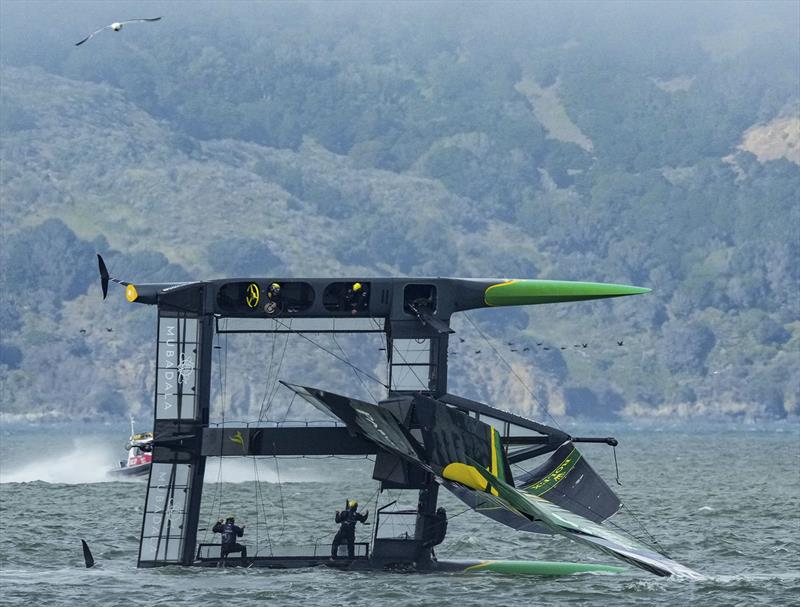 Australia SailGP Team helmed by Tom Slingsby capsize during a practice session ahead of the San Francisco SailGP, Season 2 in San Francisco, USA. 24th March photo copyright Bob Martin for SailGP taken at San Francisco Yacht Club and featuring the F50 class