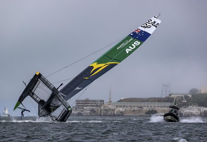 Australia SailGP Team helmed by Tom Slingsby capsize during a practice session ahead of the San Francisco SailGP, Season 2 in San Francisco, USA. 24th March. - photo © Felix Diemer for SailGP