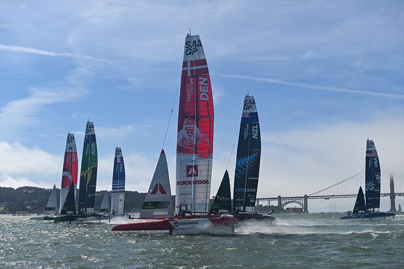 The fleet in action on Race Day 1 of San Francisco SailGP, Season 2 in San Francisco, USA photo copyright Ricardo Pinto for SailGP taken at  and featuring the F50 class