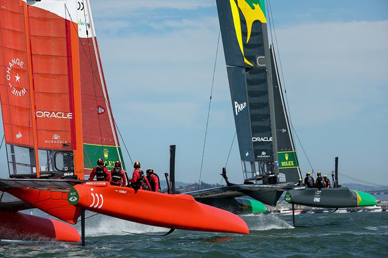 Spain SailGP Team co-helmed by Florian Trittel and Jordi Xammar and Australia SailGP Team helmed by Tom Slingsby foiling on Race Day 1 of San Francisco SailGP, Season 2 in San Francisco, USA photo copyright Simon Bruty for SailGP taken at  and featuring the F50 class