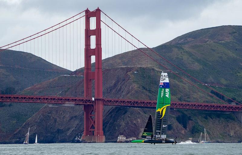 Australia SailGP Team helmed by Tom Slingsby race past the Golden Gate Bridge in the Grand Final on Race Day 2 of San Francisco SailGP, Season 2 - photo © Thomas Lovelock for SailGP