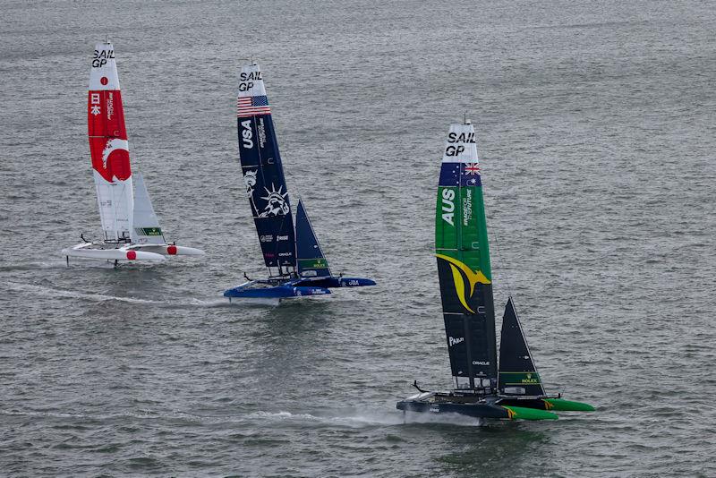 Japan SailGP Team helmed by Nathan Outterridge, USA SailGP Team helmed by Jimmy Spithill and Australia SailGP Team helmed by Tom Slingsby compete for the title on Race Day 2 of San Francisco SailGP, Season 2 - photo © Simon Bruty for SailGP