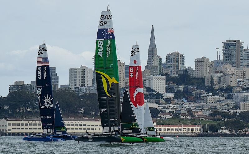 USA SailGP Team helmed by Jimmy Spithill, Australia SailGP Team helmed by Tom Slingsby and Japan SailGP Team helmed by Nathan Outterridge in action on Race Day 2 of San Francisco SailGP, Season 2 photo copyright Ricardo Pinto for SailGP taken at Golden Gate Yacht Club and featuring the F50 class