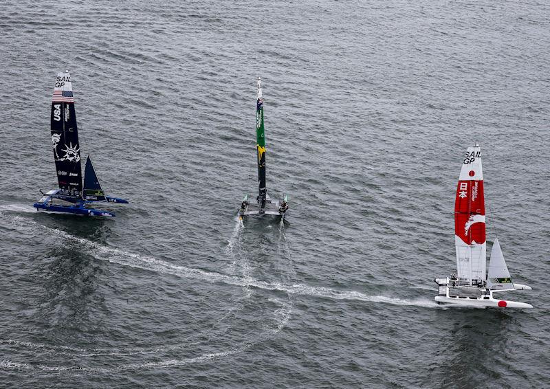 Australia SailGP Team helmed by Tom Slingsby, USA SailGP Team helmed by Jimmy Spithill and Japan SailGP Team helmed by Nathan Outterridge in action on Race Day 2 of San Francisco SailGP, Season 2 photo copyright Simon Bruty for SailGP taken at Golden Gate Yacht Club and featuring the F50 class