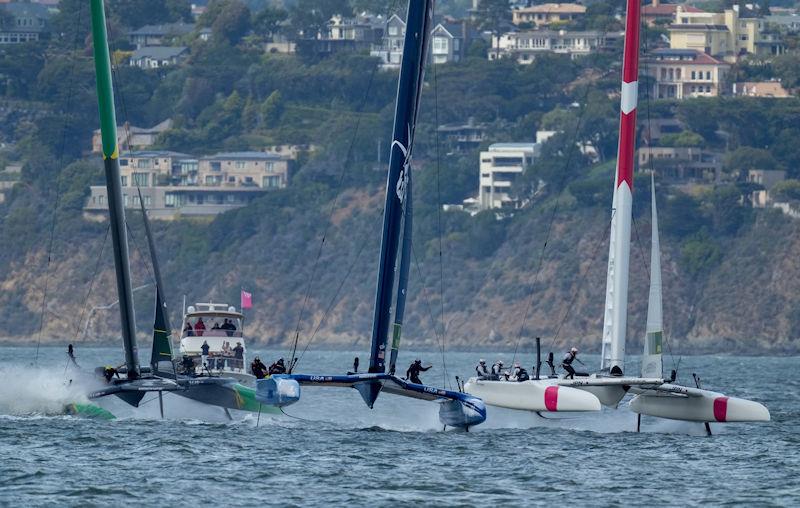 Australia SailGP Team helmed by Tom Slingsby, USA SailGP Team helmed by Jimmy Spithill and Japan SailGP Team helmed by Nathan Outterridge racing in the Grand Final on Race Day 2 of San Francisco SailGP, Season 2 photo copyright Bob Martin for SailGP taken at Golden Gate Yacht Club and featuring the F50 class