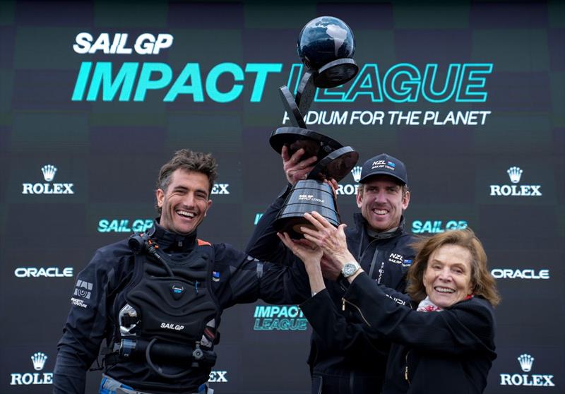 New Zealand SailGP Team co-helmed by Peter Burling and Blair Tuke at the presentation of the Impact League Trophy with Sylvia Earle (Marine Biologist, on right of frame) on Race Day 2 of San Francisco SailGP, Season 2  - photo © Bob Martin/SailGP
