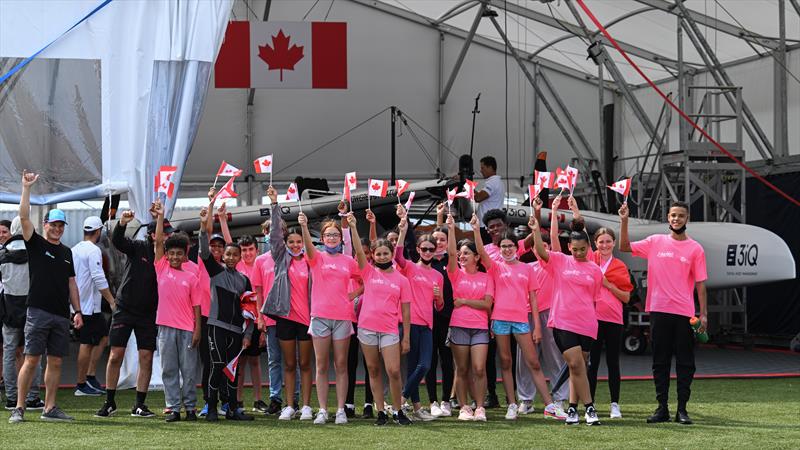 Guests of Endeavour, a Bermuda-registered charity that engages Bermuda's youth in experiential learning through sailing, speak with the Canada SailGP Team  photo copyright Ricardo Pinto/SailGP taken at Royal Bermuda Yacht Club and featuring the F50 class