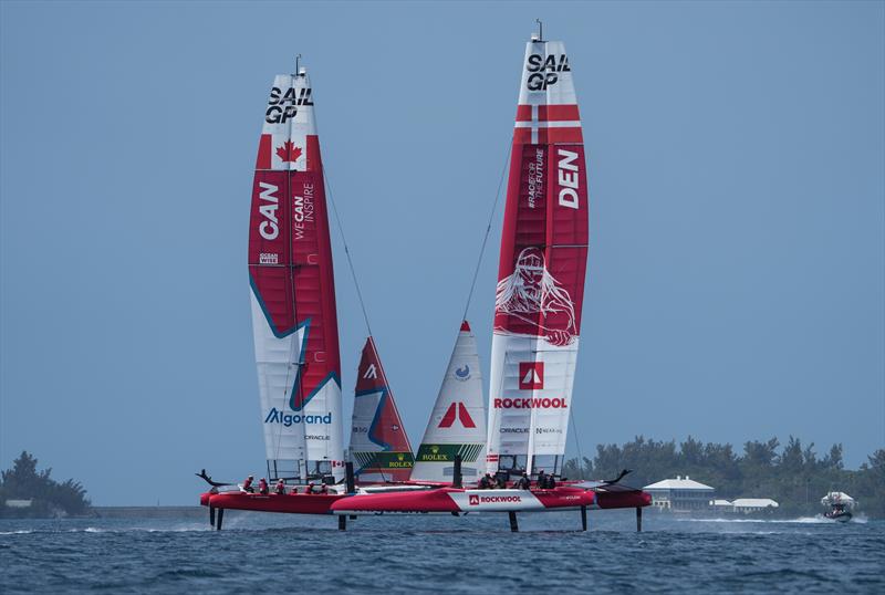 Denmark SailGP team crosses in front of Canada SailGP team during a practice session ahead of Bermuda SailGP , Season 3, May 2202  photo copyright Thomas Lovelock/SailGP taken at Royal Bermuda Yacht Club and featuring the F50 class