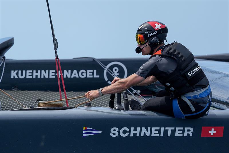 Sebastien Schneiter, driver of the Switzerland SailGP team, in action during a practice session ahead of Bermuda SailGP presented by Hamilton Princess, Season 3, in Bermuda photo copyright Bob Martin for SailGP taken at  and featuring the F50 class