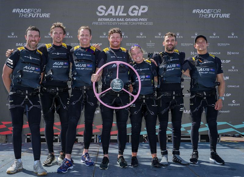 Australia SailGP Team celebrate their win in the final match race on Race Day 2 of Bermuda SailGP presented by Hamilton Princess, Season 3, in Bermuda photo copyright Bob Martin for SailGP taken at  and featuring the F50 class